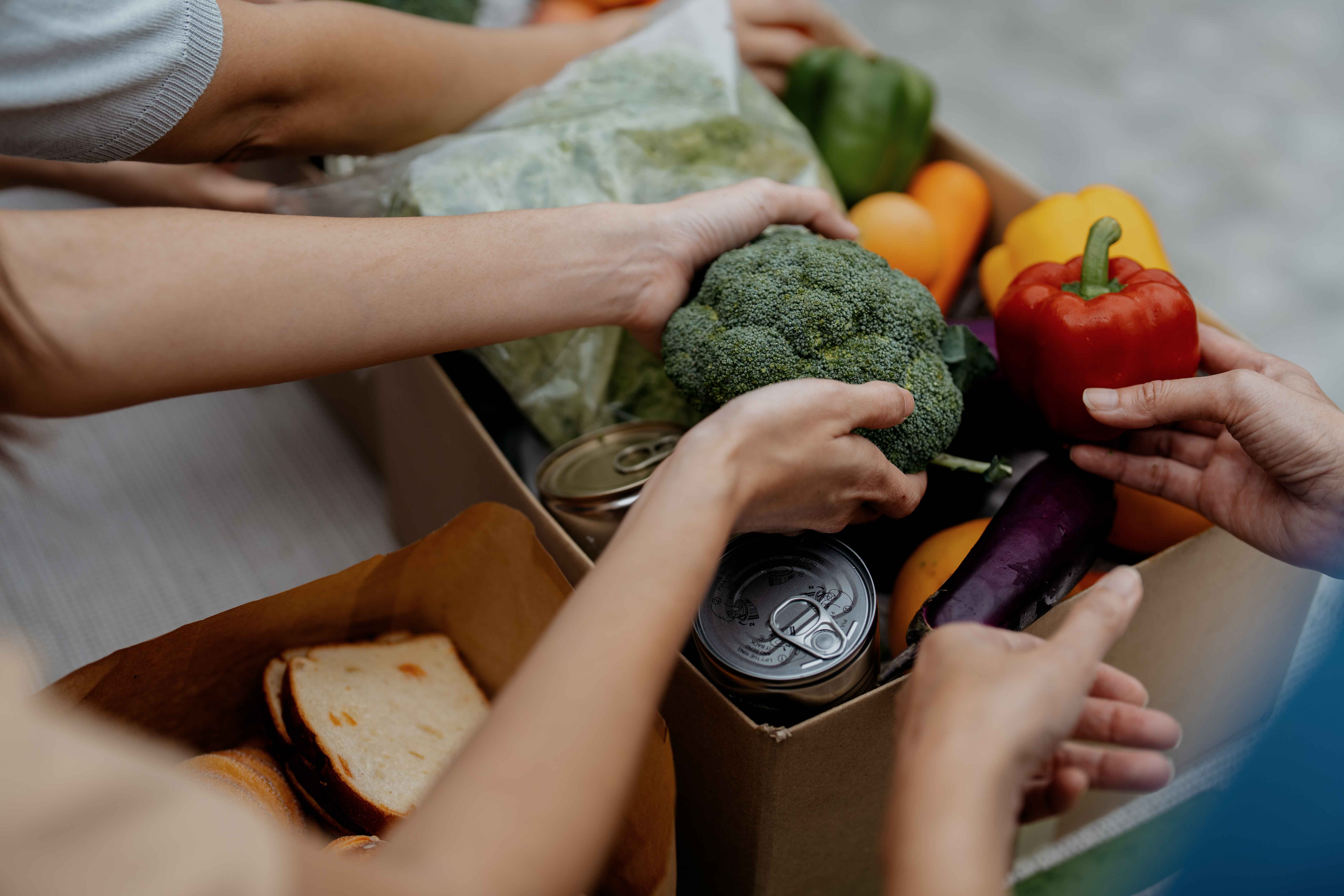 Hands reach into a box to grab healthy foods like peppers and broccoli.