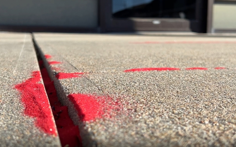 Red sand lined the sidewalk cracks in front of the Heartland United Way as a way to raise awareness of trafficking.